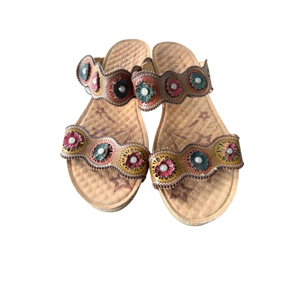 Spring Step Shoes - Spring Step L'Artiste Womens Tan‎ Floral Leather Slide Sandals Size 40 US 9-9.5